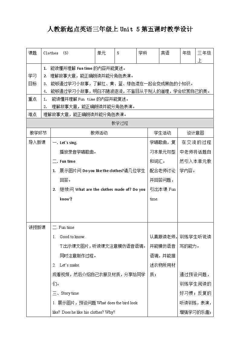 人教版新起点英语三年级上册Unit 5 Clothes  funtime＋storytime  课件+教案+练习01