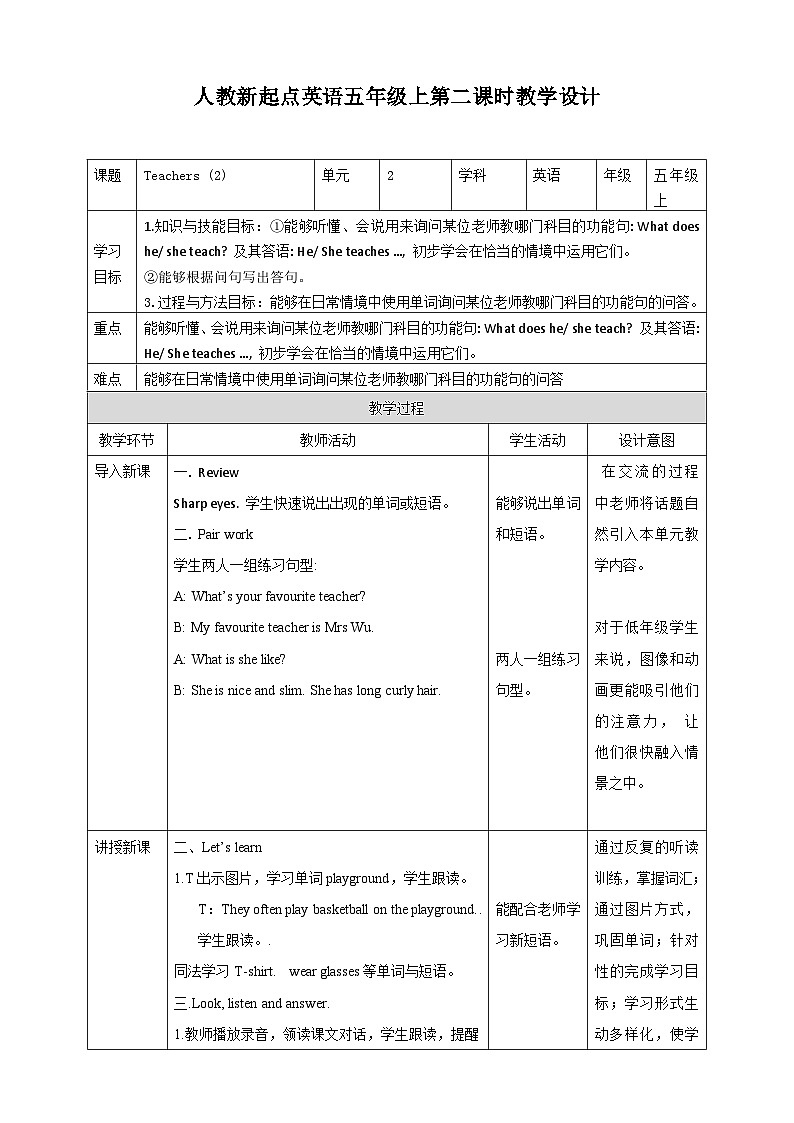 人教版新起点英语五年级上册Unit 2 Teachers lesson2 课件+教案+练习01