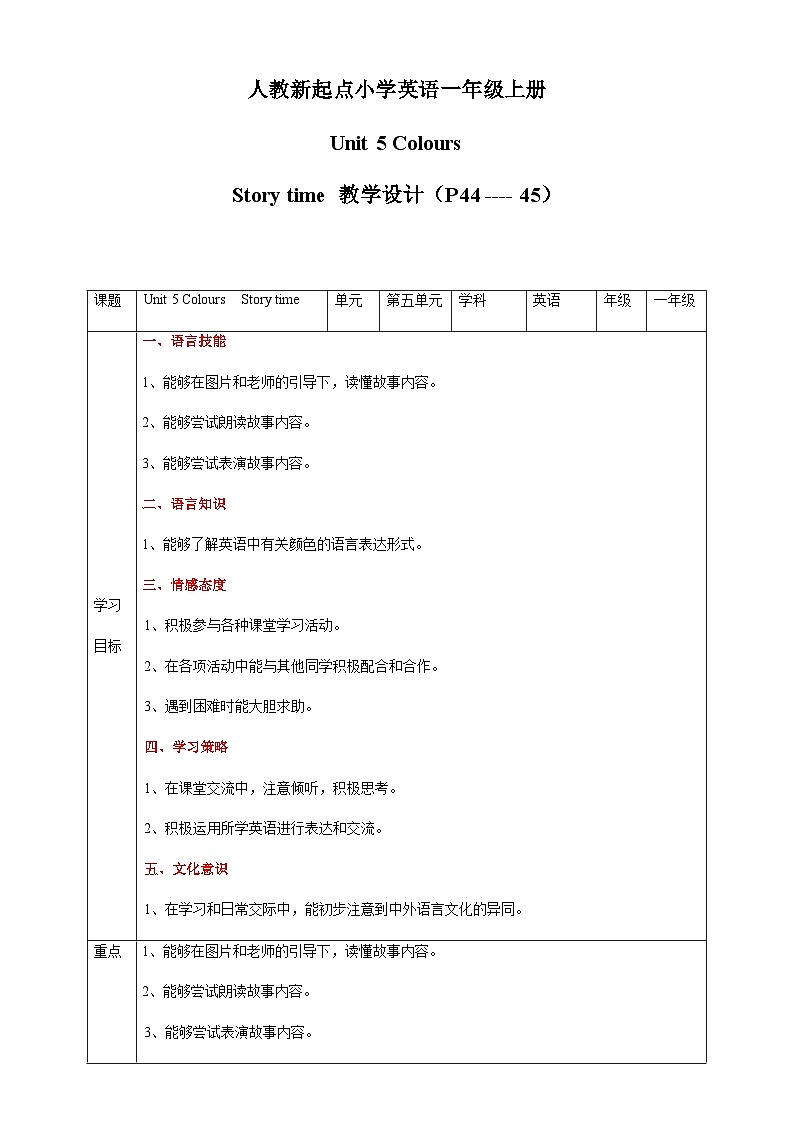 人教版新起点英语一年级上册Unit 5 Colours Story time 课件+教案+习题+素材01