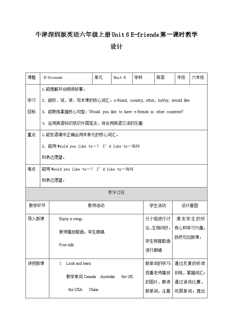 新版-牛津上海版六年级上册     Unit 6 E-friends第一课时课件+教案+练习01