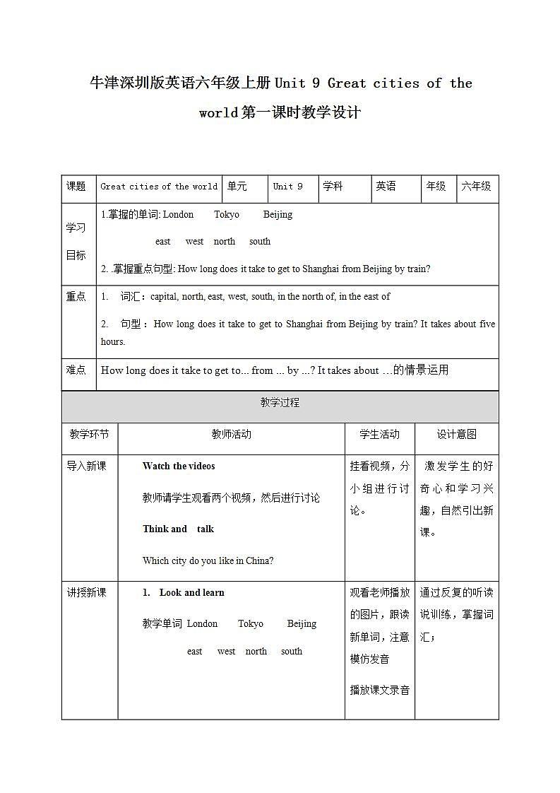 新版-牛津上海版六年级上册     Unit 9 Great cities of the world第一课时 课件+教案+练习01