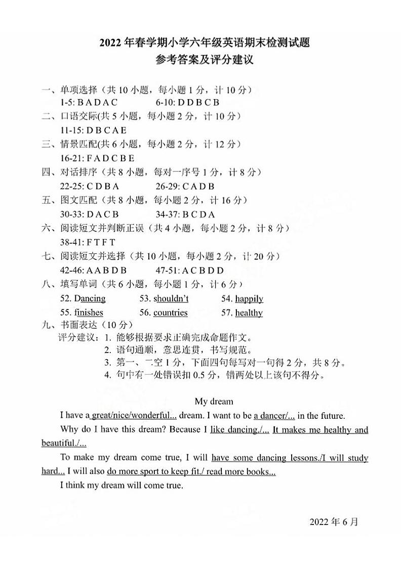 答案_2022年春学期小学六年级英语期末检测第1页