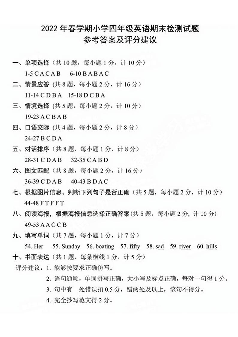 江苏省盐城市2021-2022学年四年级下学期英语期末联考试卷01