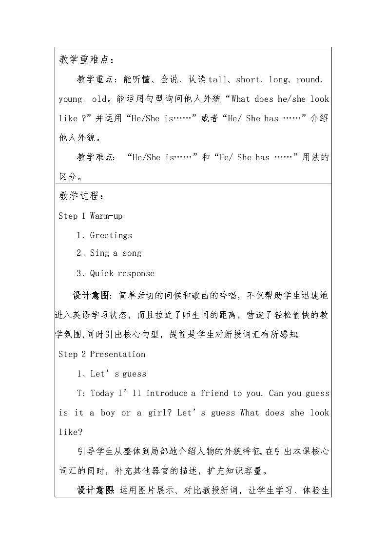 湖南少年儿童出版社小学英语三年级起点五年级上册 Unit 1 What does she look like   教案02