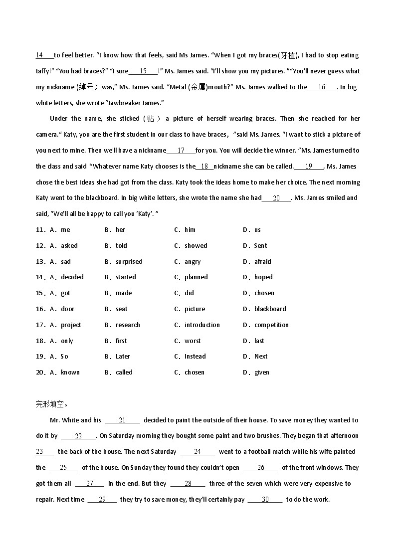 小升初常考专题：完形填空-小学英语六年级下册人教PEP版02
