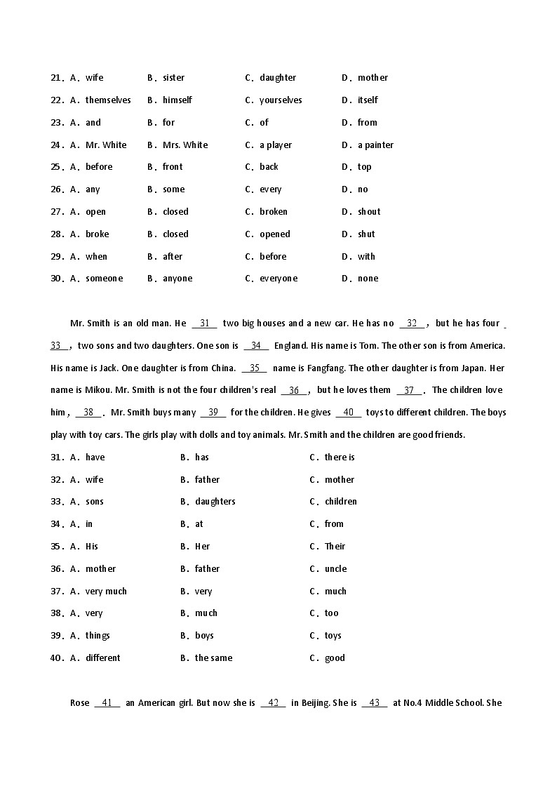 小升初常考专题：完形填空-小学英语六年级下册人教PEP版03