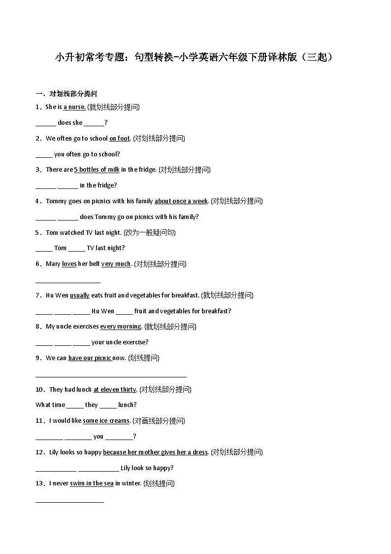 小升初常考专题：句型转换-小学英语六年级下册译林版（三起）01