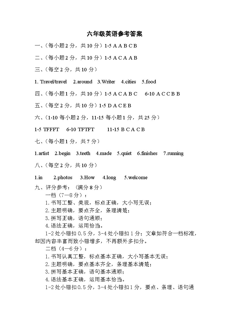 六下英语期末参考答案第1页