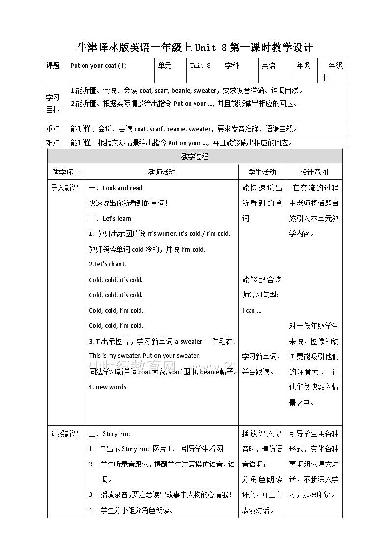 牛津译林版英语一年級上册 Unit 8 Put on your coat 第一课时 课件+教案+练习01