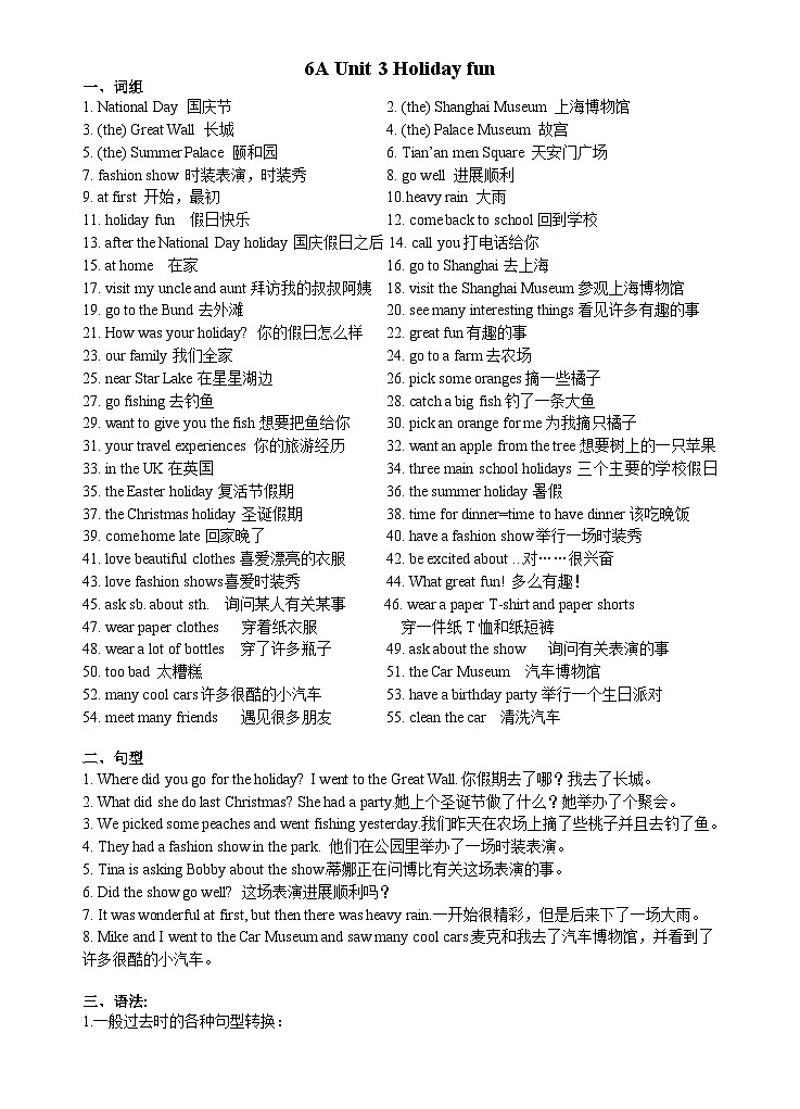 牛津译林版六年级英语上册第一单元6A Unit3词汇和句型知识点01