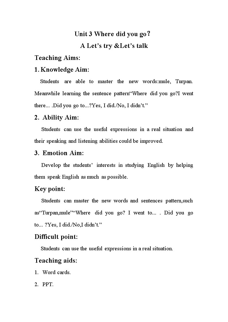 湖南少年儿童出版社小学英语三年级起点五年级下册 Unit 12 Where did you go  教案201