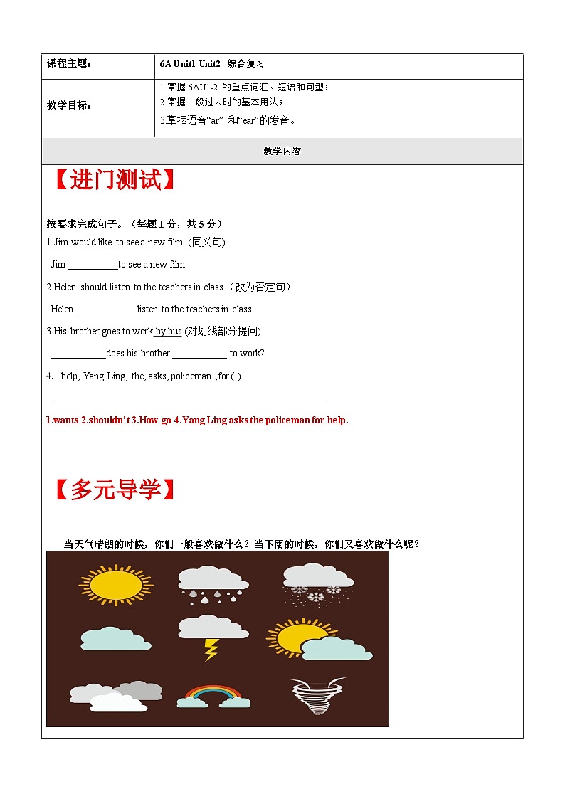 【暑假提升】牛津译林版英语五升六暑期讲义-第20讲：6AU1-2基础复习讲学案01