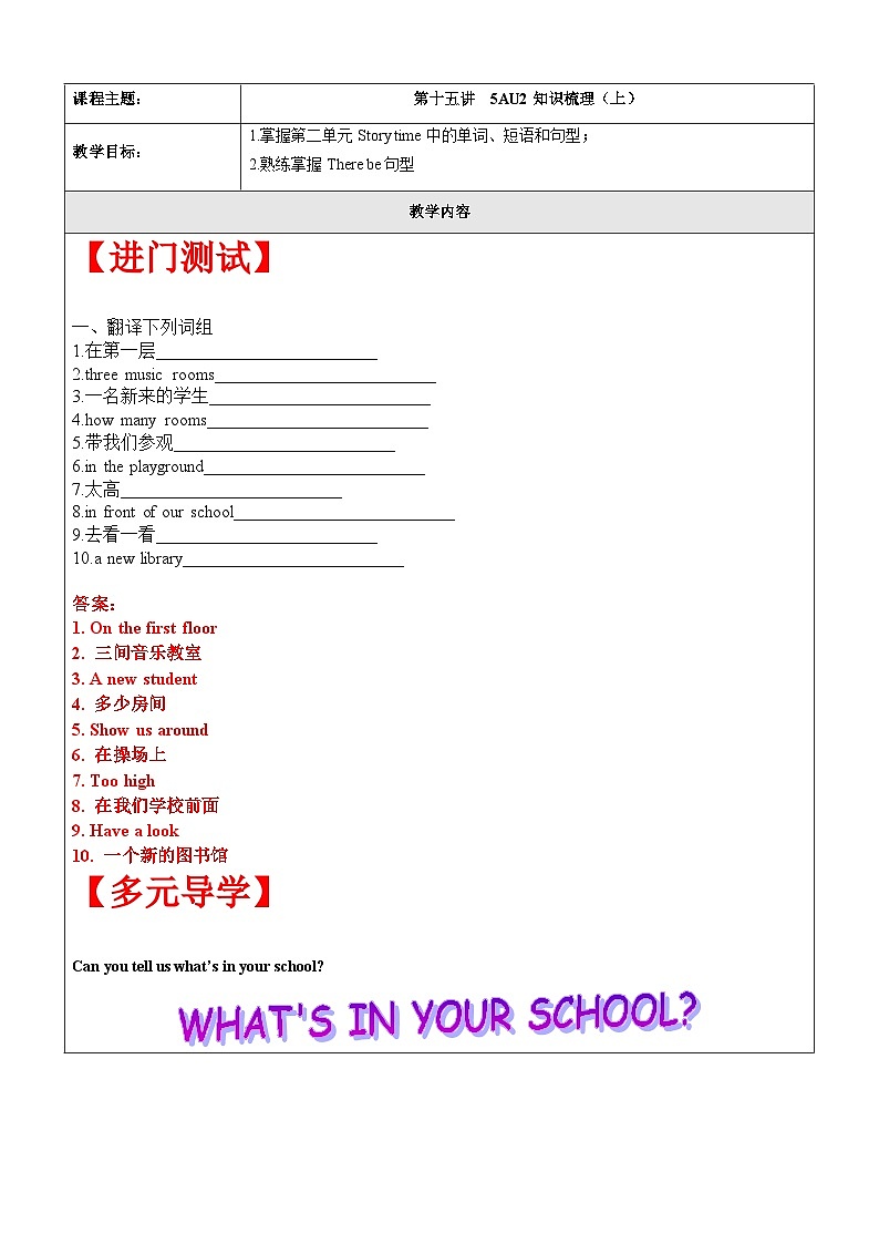 【暑假提升】牛津译林版英语四升五暑期讲义-第15讲：5AU2知识梳理（上）讲学案01