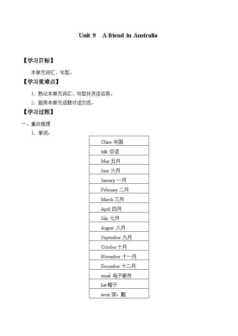 小学英语沪教牛津版（六三制一起）四年级下册导学案 - Unit 9  A friend in Australia  （含答案）01