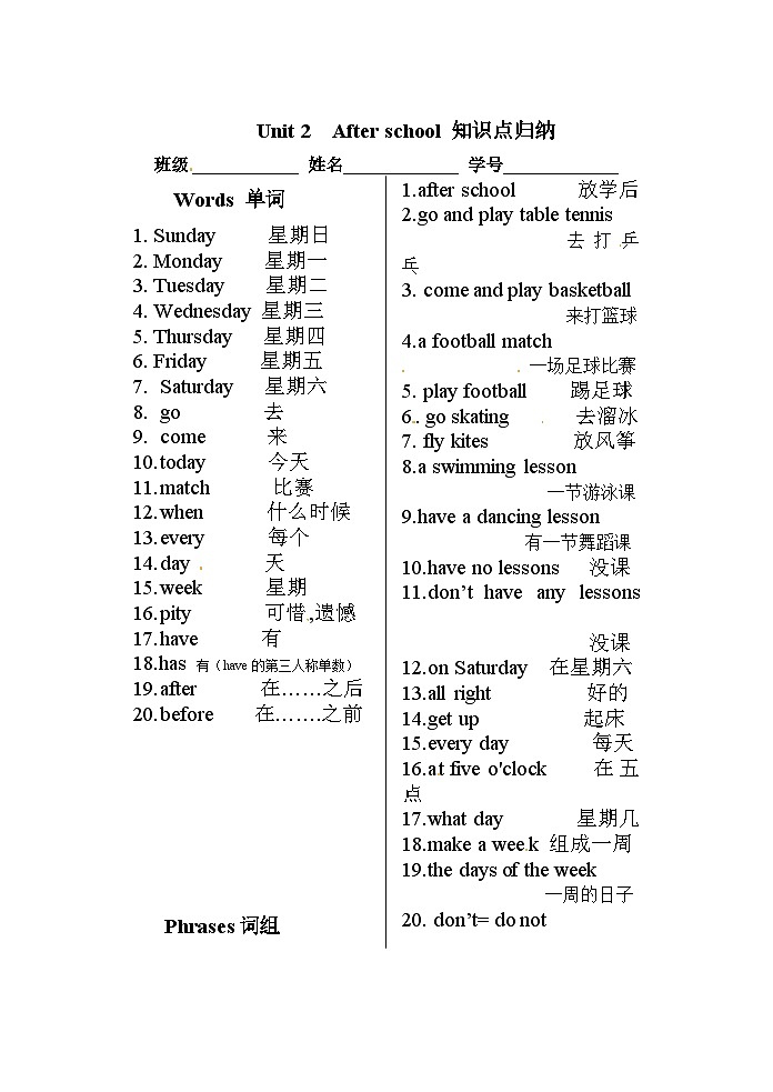 小学英语牛津译林版四年级英语下册知识点归纳： Unit 2第1页