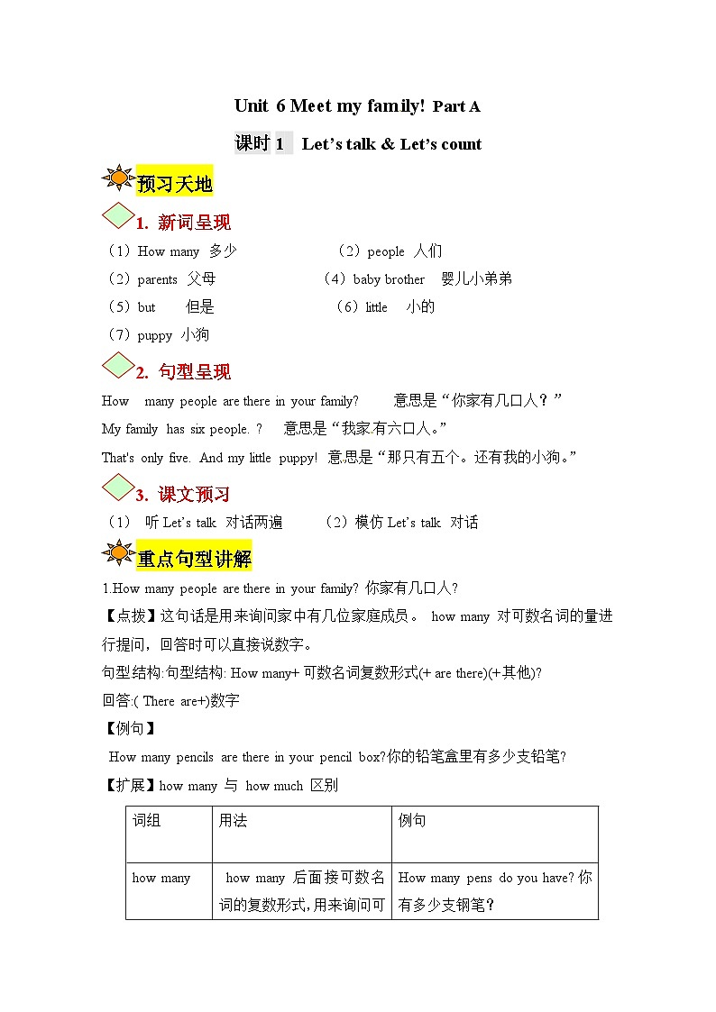 【讲练测】四年级上册英语讲义-Unit 6 Meet my family第一课时 人教PEP（含答案）01
