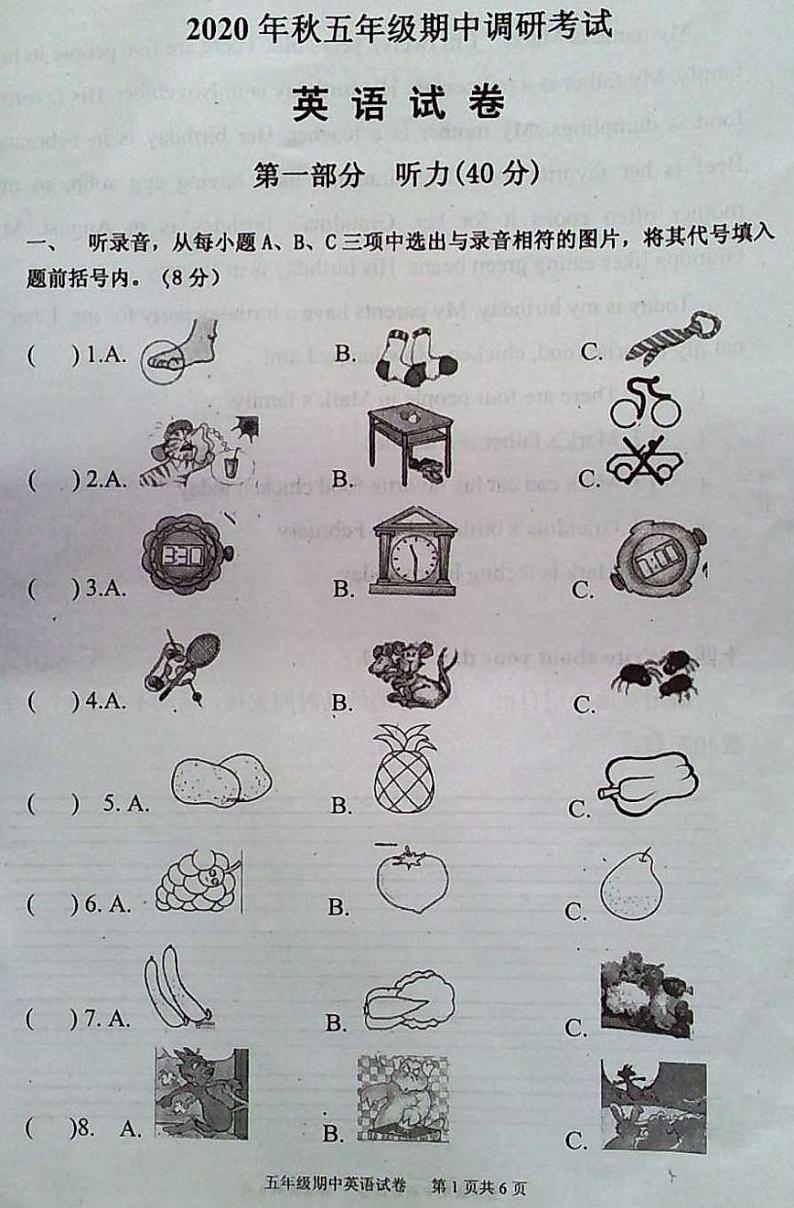 湖北省武汉市江夏区2020-2021学年五年级上学期期中英语试题第1页