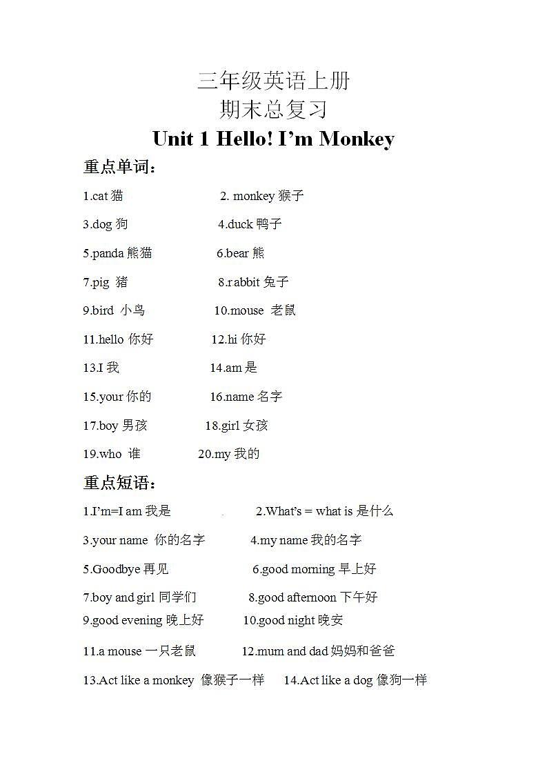 人教精通版（三起）英语三年级上册：Unit 1 Hello!I'm Monkey知识点梳理+练习（含答案）01