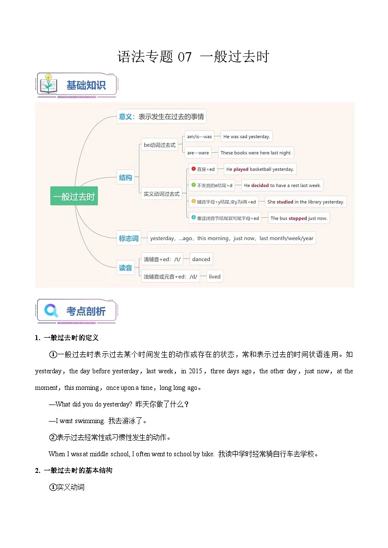 通用版英语小升初暑假衔接 语法专题07 一般过去时【精讲+演练】-2023年小升初英语无忧衔接 (原卷版+解析版）