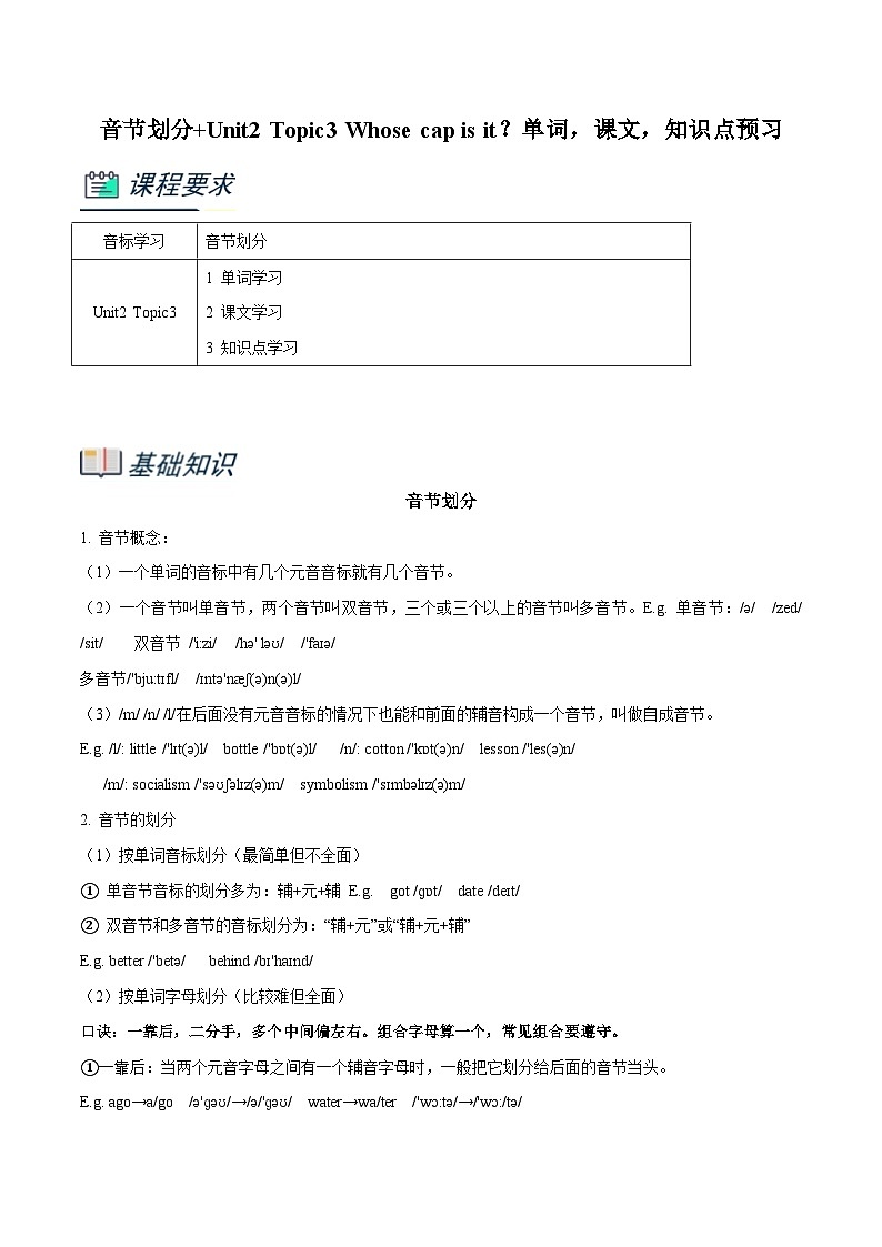 仁爱版英语小升初暑假衔接 专题6.音节划分+Unit2 Topic3 Whose cap is it？单词，课文，知识点预习（原卷版+解析版）01