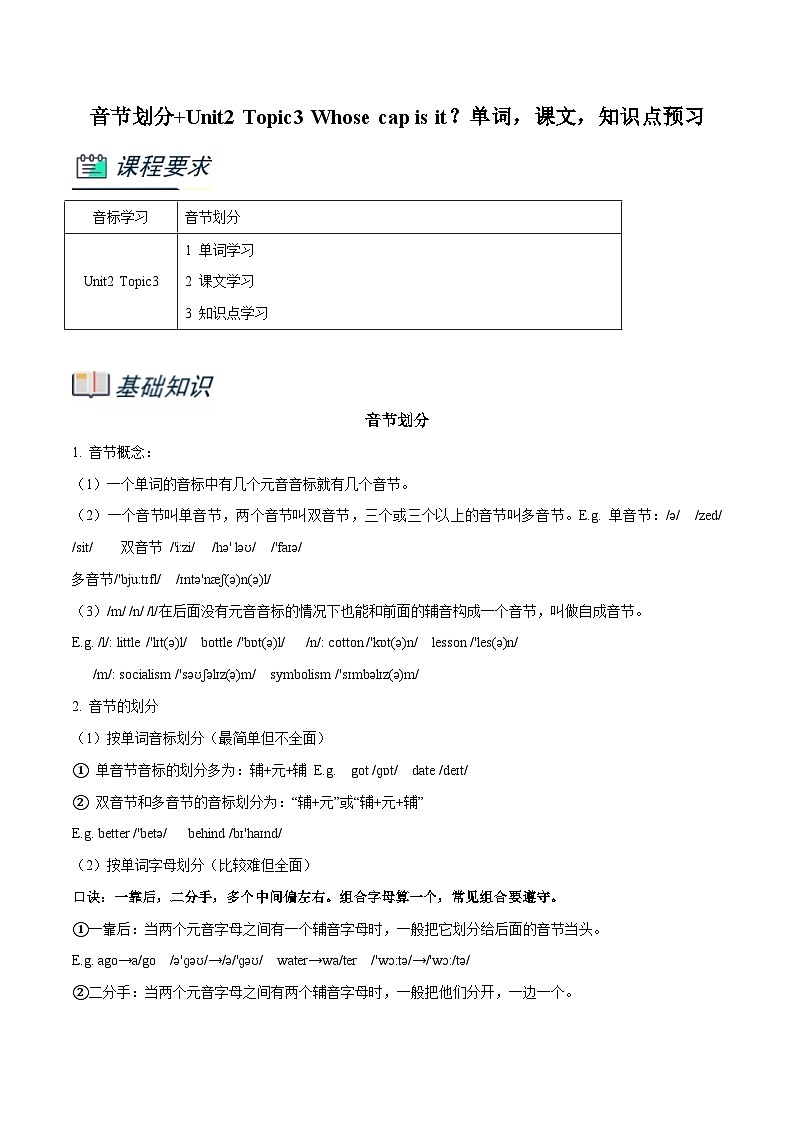 仁爱版英语小升初暑假衔接 专题6.音节划分+Unit2 Topic3 Whose cap is it？单词，课文，知识点预习（原卷版+解析版）01