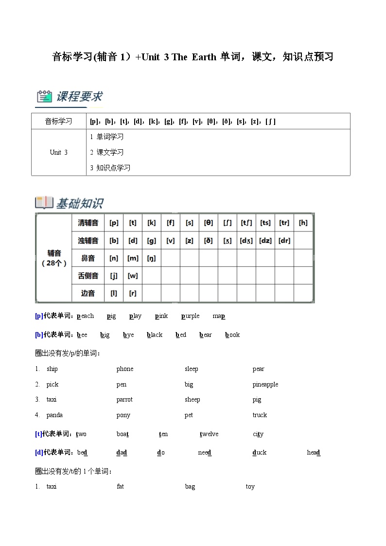牛津深圳版英语小升初暑假衔接 专题3.音标学习(辅音1）+Unit 3 The Earth单词，课文，知识点预习（原卷版+解析版）