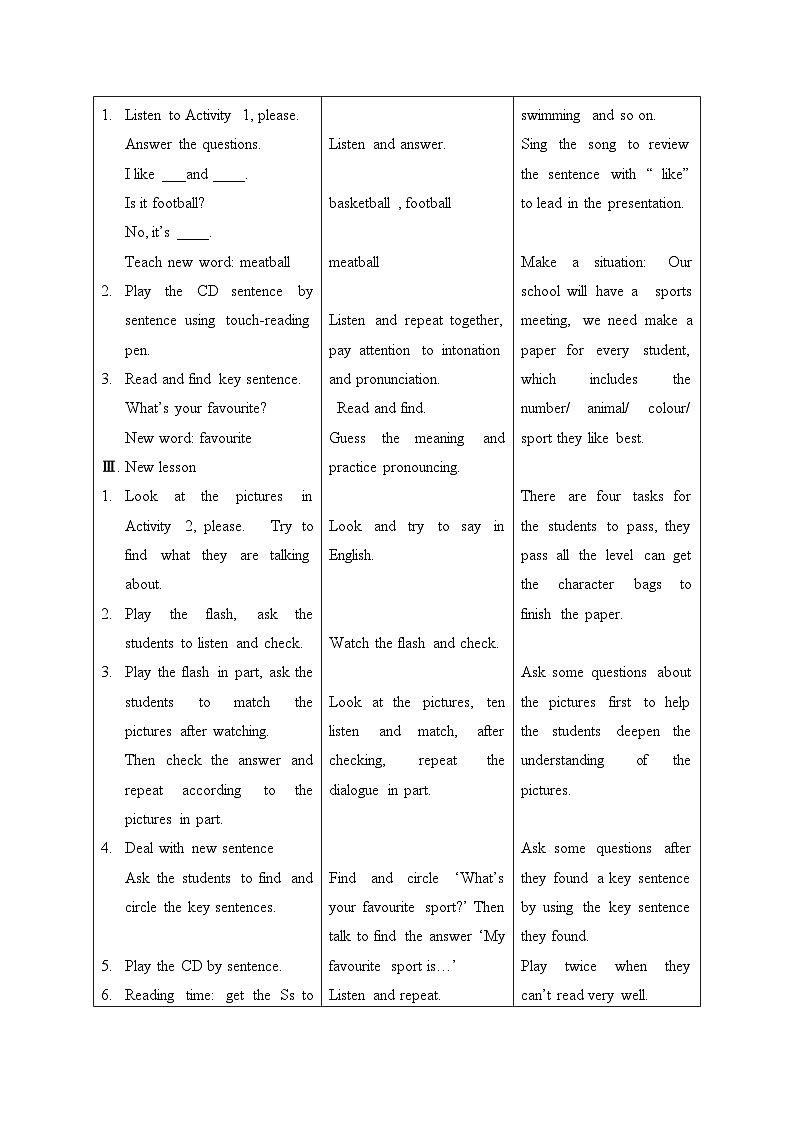 外研版（一年级起点）小学一年级英语下册 Module 9  Unit 2  What 's your favourite sport？     教案2第2页