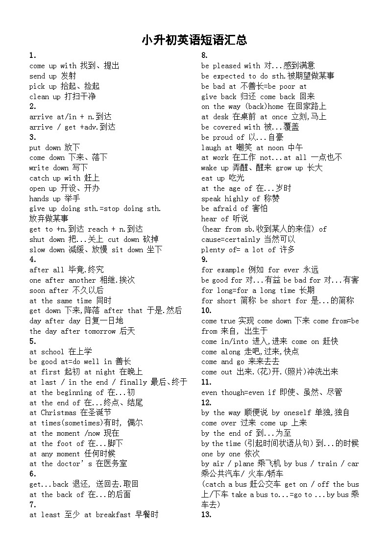 小学英语小升初短语汇总（共94组）01
