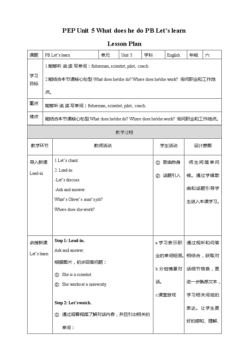 Unit 5 What does he do PB Let's learn 课件+教案+同步练习+音视频素材01
