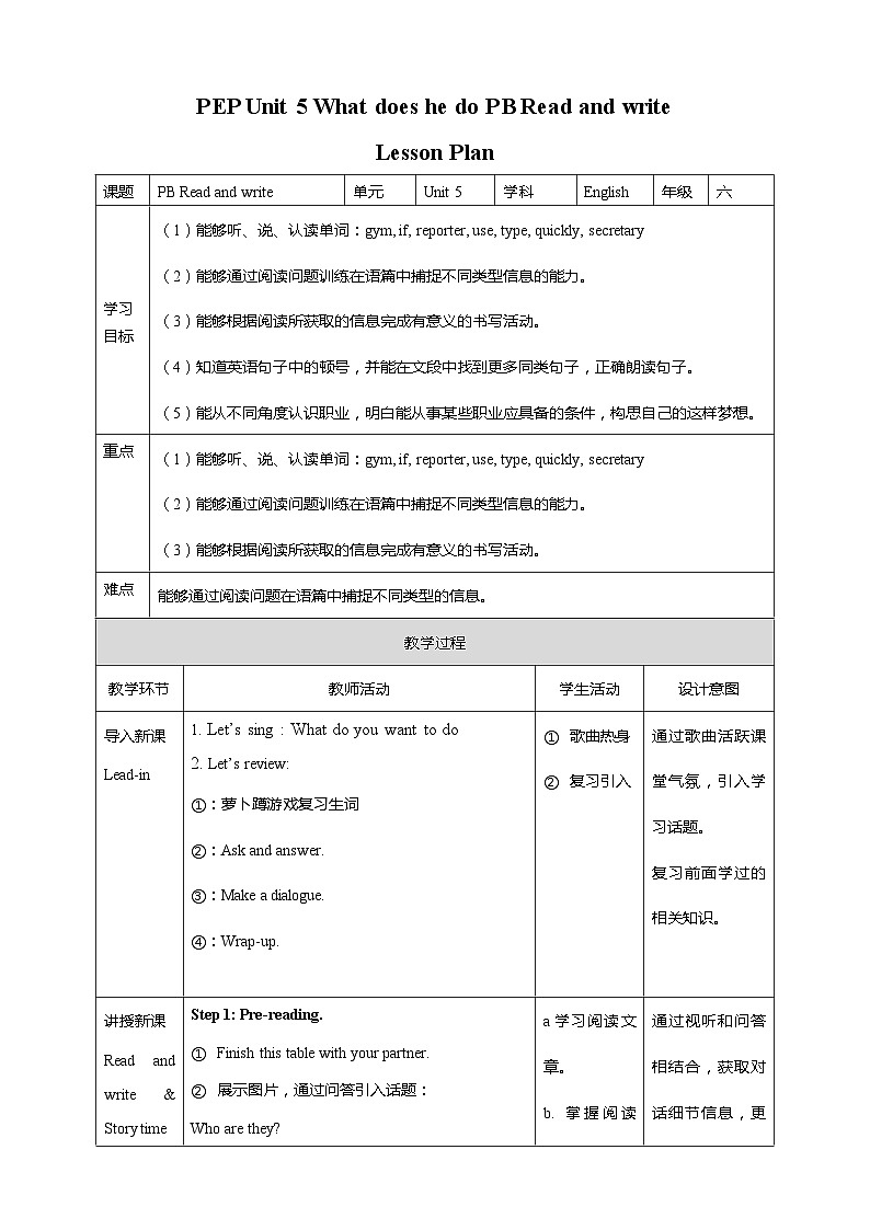 Unit 5 What does he do PB Read and write & PC Story time 课件+教案+同步练习+音视频素材01