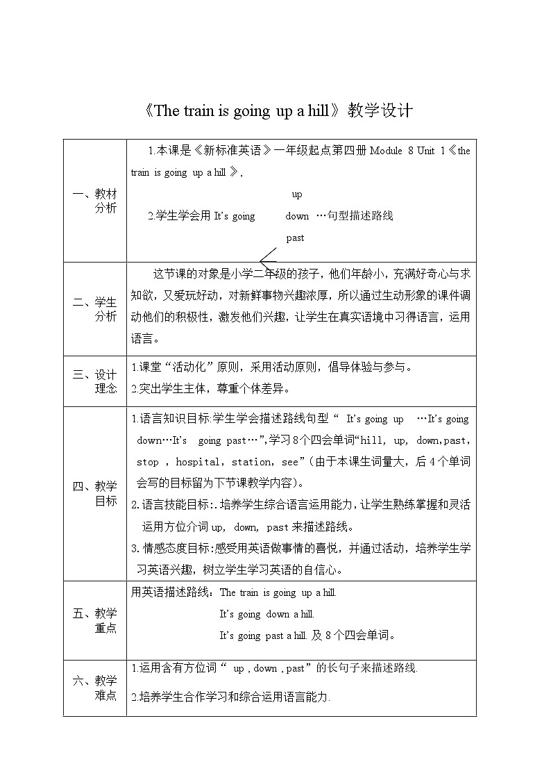 外研版（一年级起点）小学二年级英语下册 Module 8  Unit 1   The train is going up a hill.   教案201