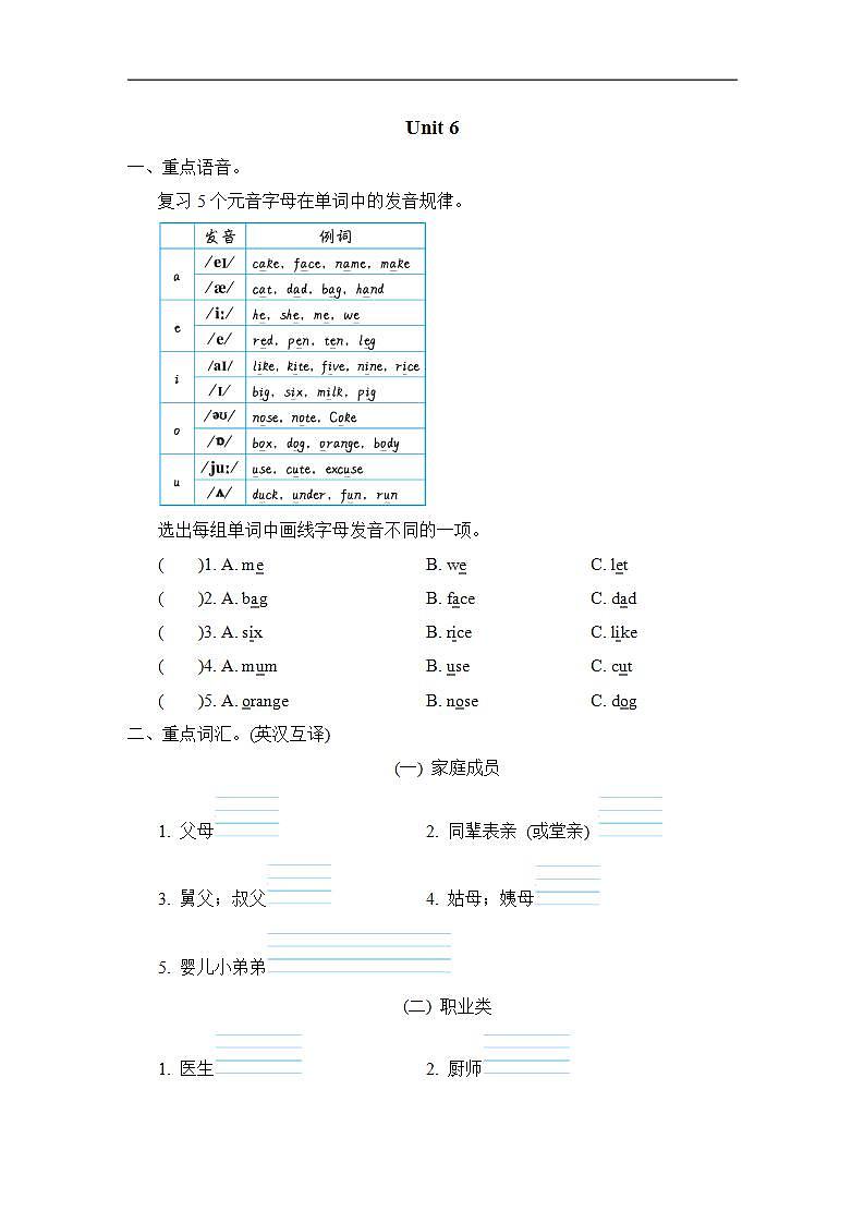Unit 6 Meet my family! 单元重点词语 句型 短语梳理卷（试题）人教PEP版英语四年级上册01