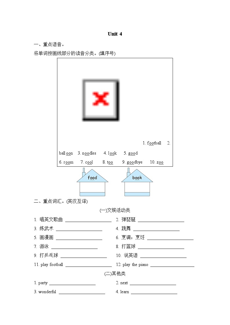 Unit 4 What can you do？ 单元重点词汇 短语 句型 语法梳理卷（试题）人教PEP版英语五年级上册第1页