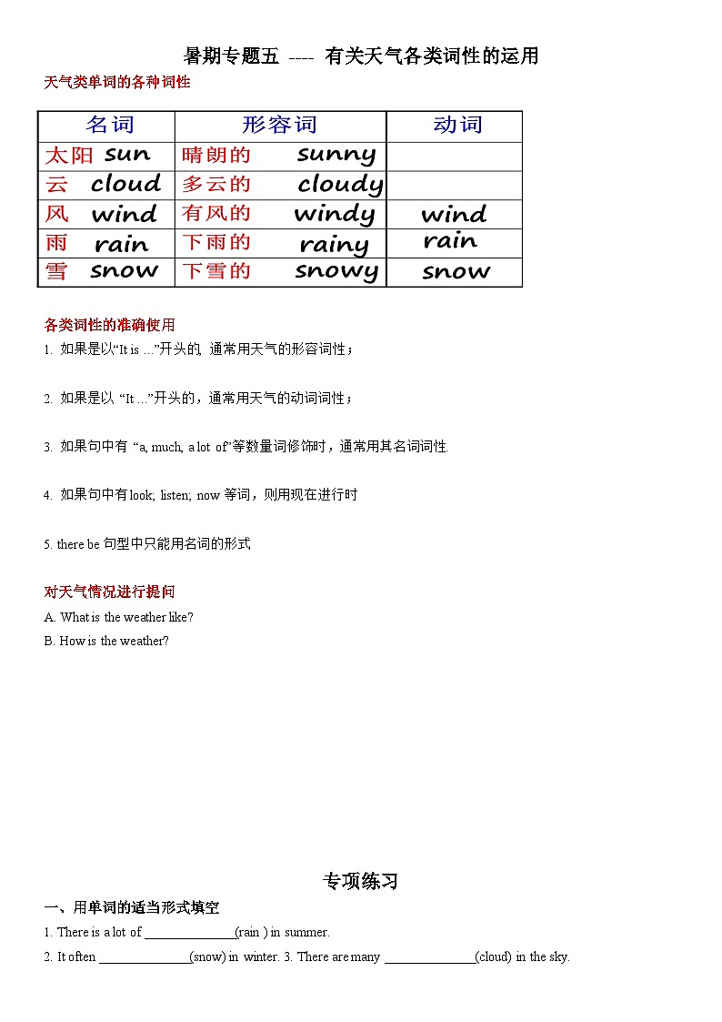 2023-2024学年小学英语五升六暑假讲义：专题五 ---- 有关天气各类词性的运用 译林版三起01