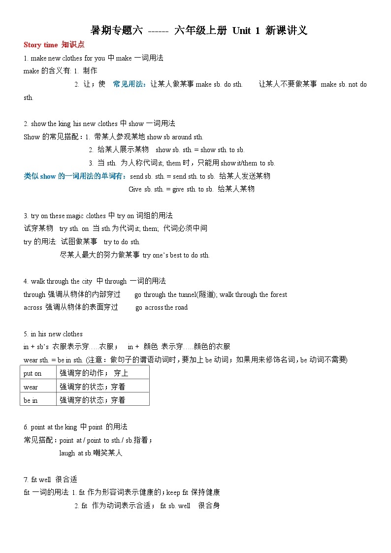 2023-2024学年小学英语五升六暑假讲义：专题六 ---- 六年级上册 Unit 1新课讲义 译林版三起01