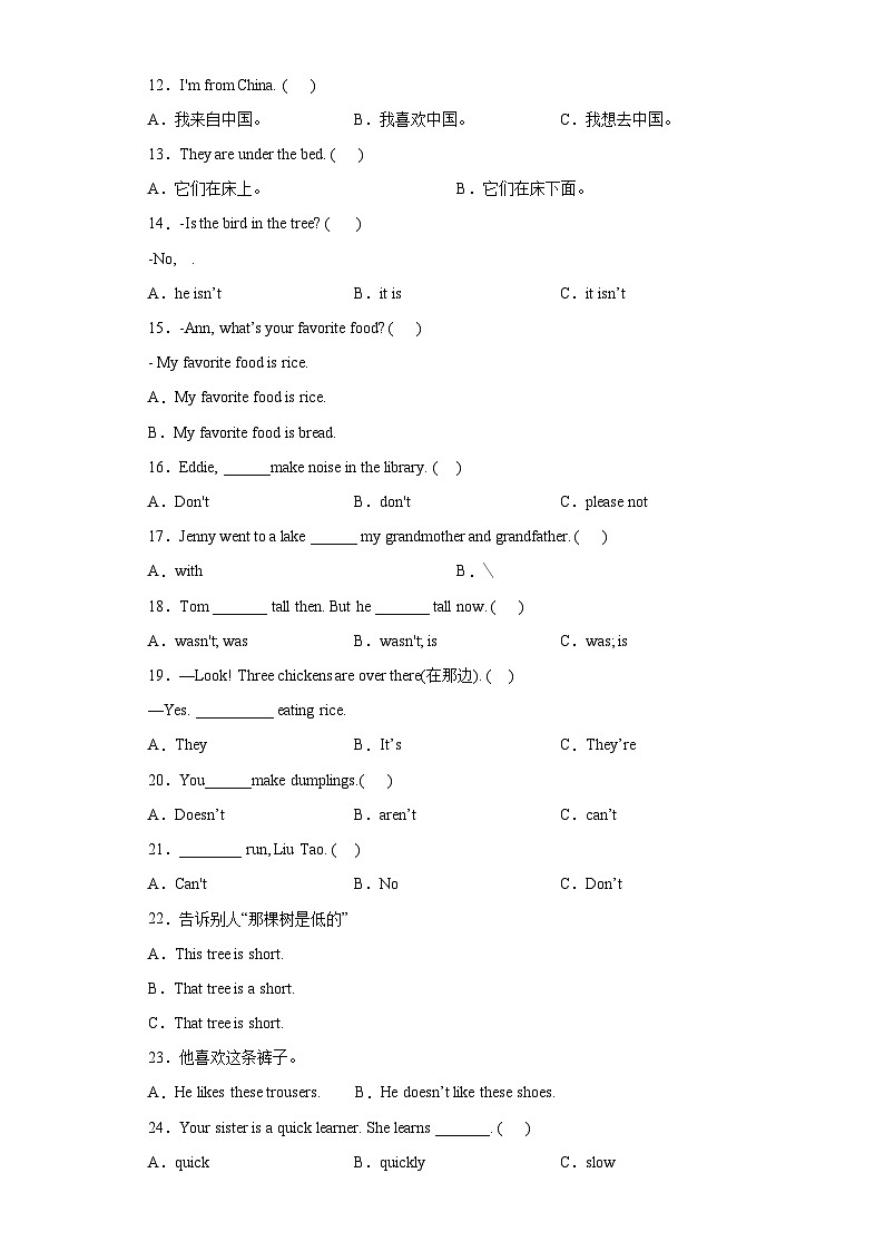 小升初语法衔接--陈述句小学英语六年级下册 人教PEP版 试卷02