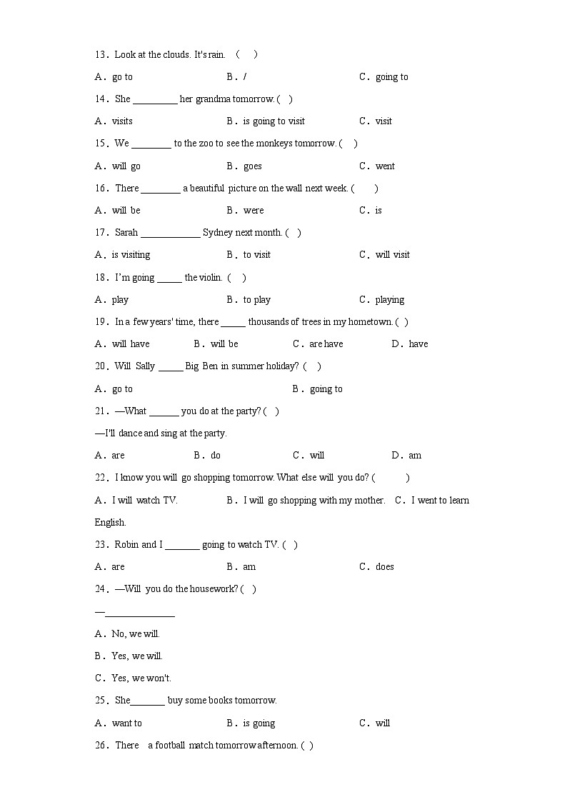 小升初语法衔接--一般将来时小学英语六年级下册 人教PEP版 试卷02