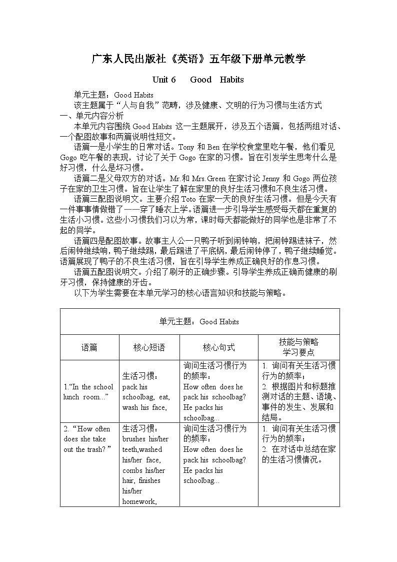 五年级英语下册Unit 6 Good Habits 教案01