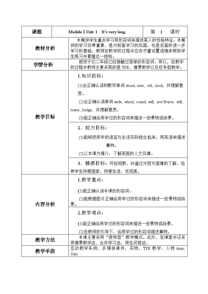 外研版（一年级起点）小学三年级英语下册 Module 2 Unit 1  It’s very long.   教案01