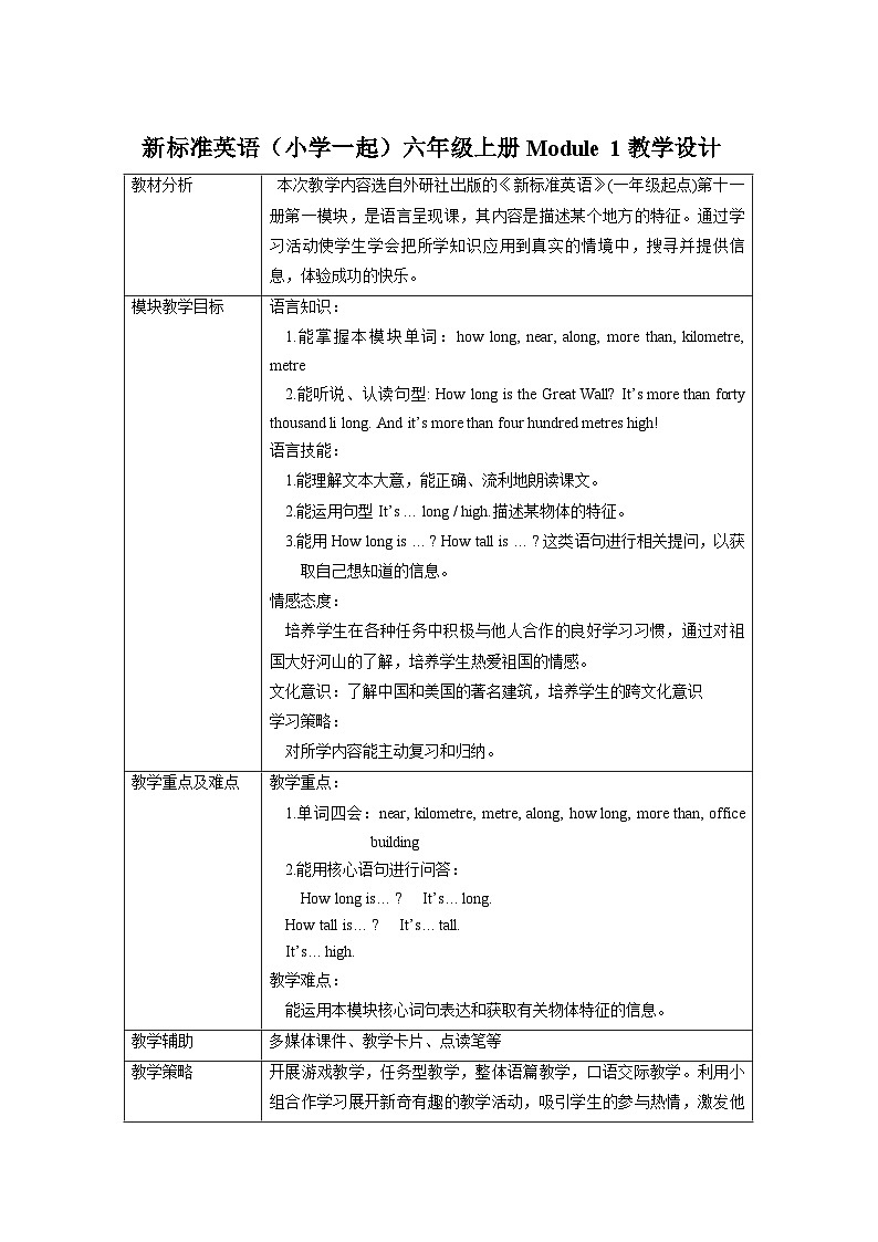外研版英语（一年级起点）六年级上册Module 1 表格式教案第1页