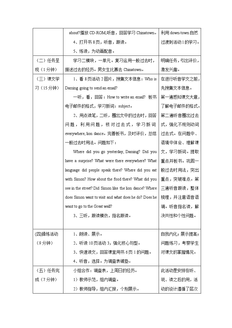 外研版英语（一年级起点）六年级上册 Module 2表格式教案第3页