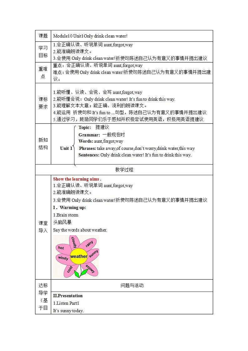 外研版英语（一年级起点）六年级上册Module10 Unit1 Only drink clean water! 教案01