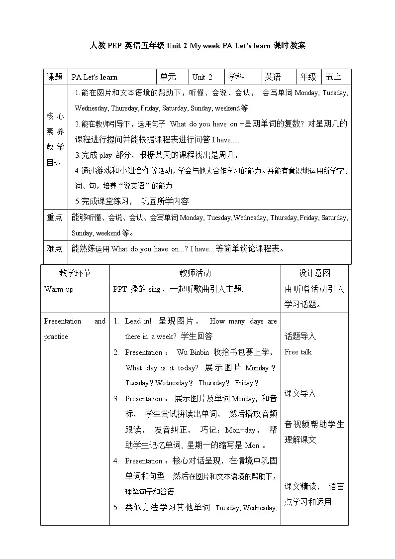 Unit 2 My week PA Let's learn 课件+练习+动画素材01