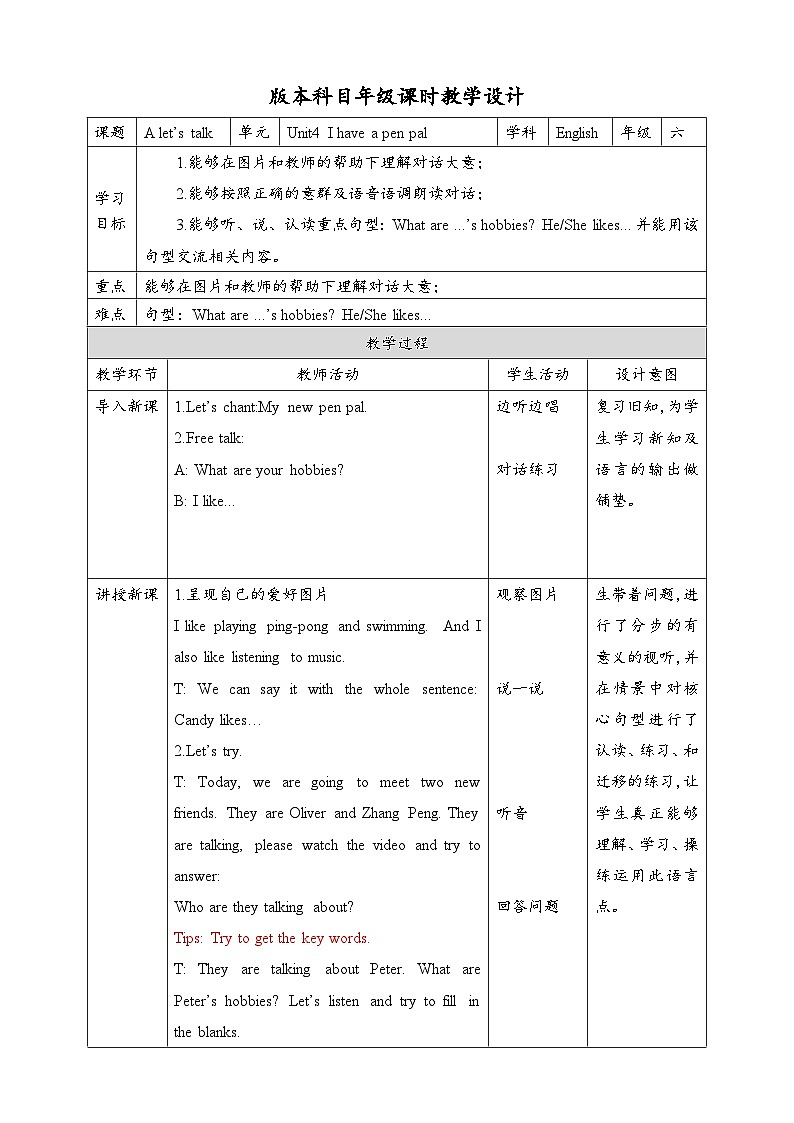 人教版英语六上 Unit4 A1 Let's talk（课件+教案+音视频素材）01