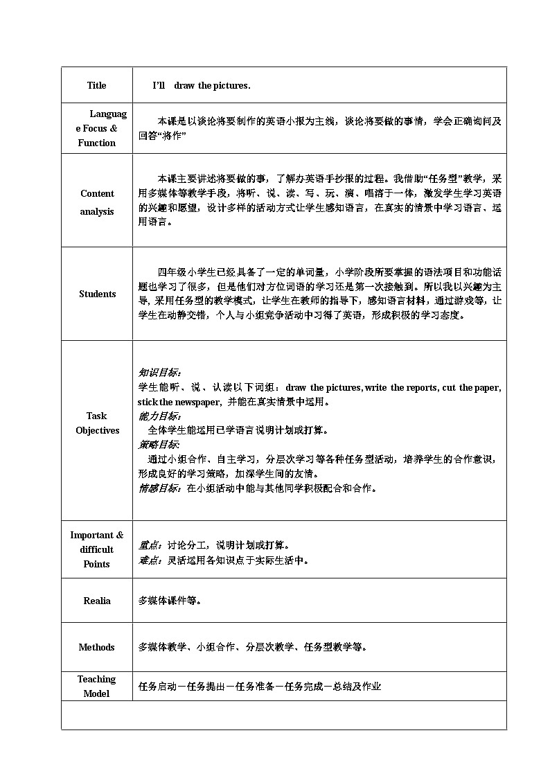 外研版（一年级起点）小学四年级英语下册Module6 unit1 I'll draw the pictures.   教案201