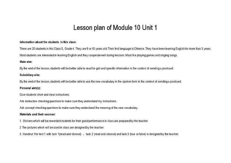 外研版（一年级起点）小学四年级英语下册Module 10 Unit 1 I 'll send you a postcard.  教案3第1页