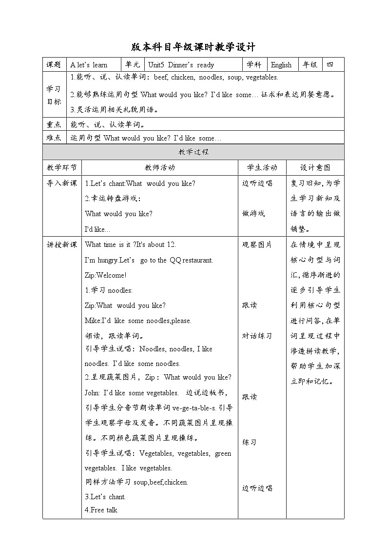 人教版英语四上 Unit5 A2 Let's learn（课件+教案+音视频素材）01