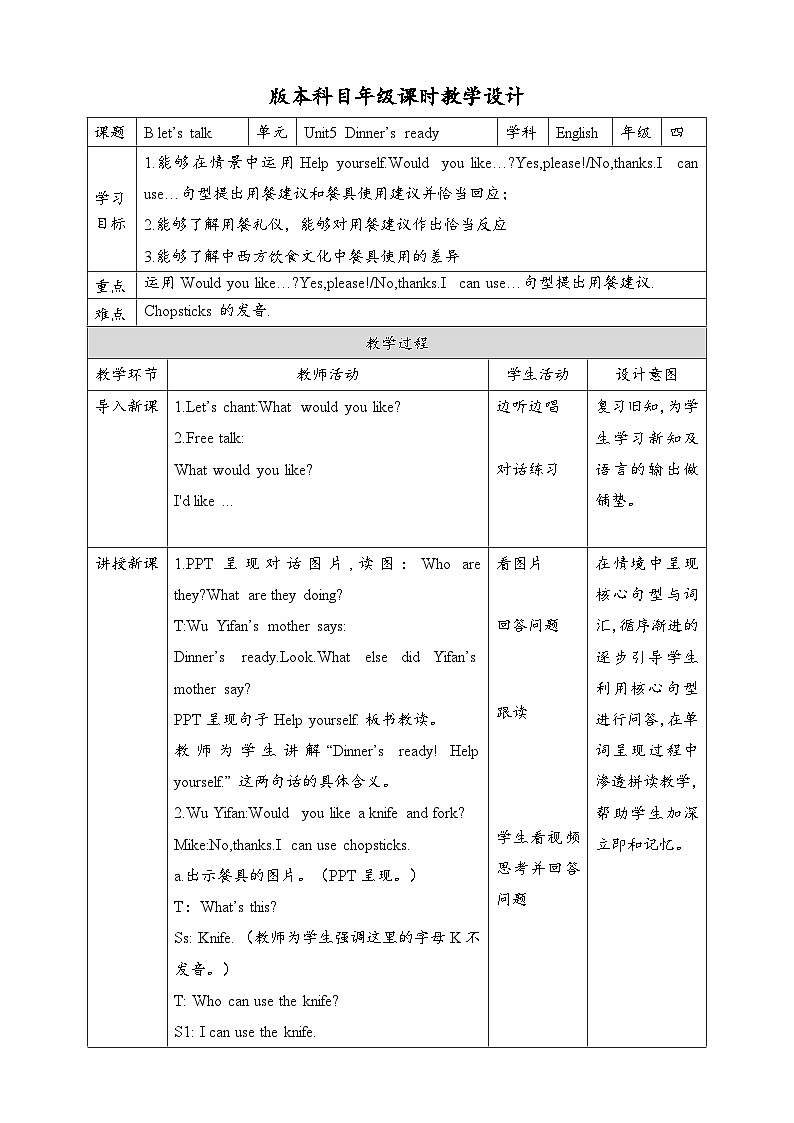 人教版英语四上 Unit5 B1 Let's talk（课件+教案+音视频素材）01