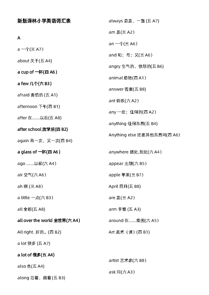 (完整版)译林版小学英语单词表第2页
