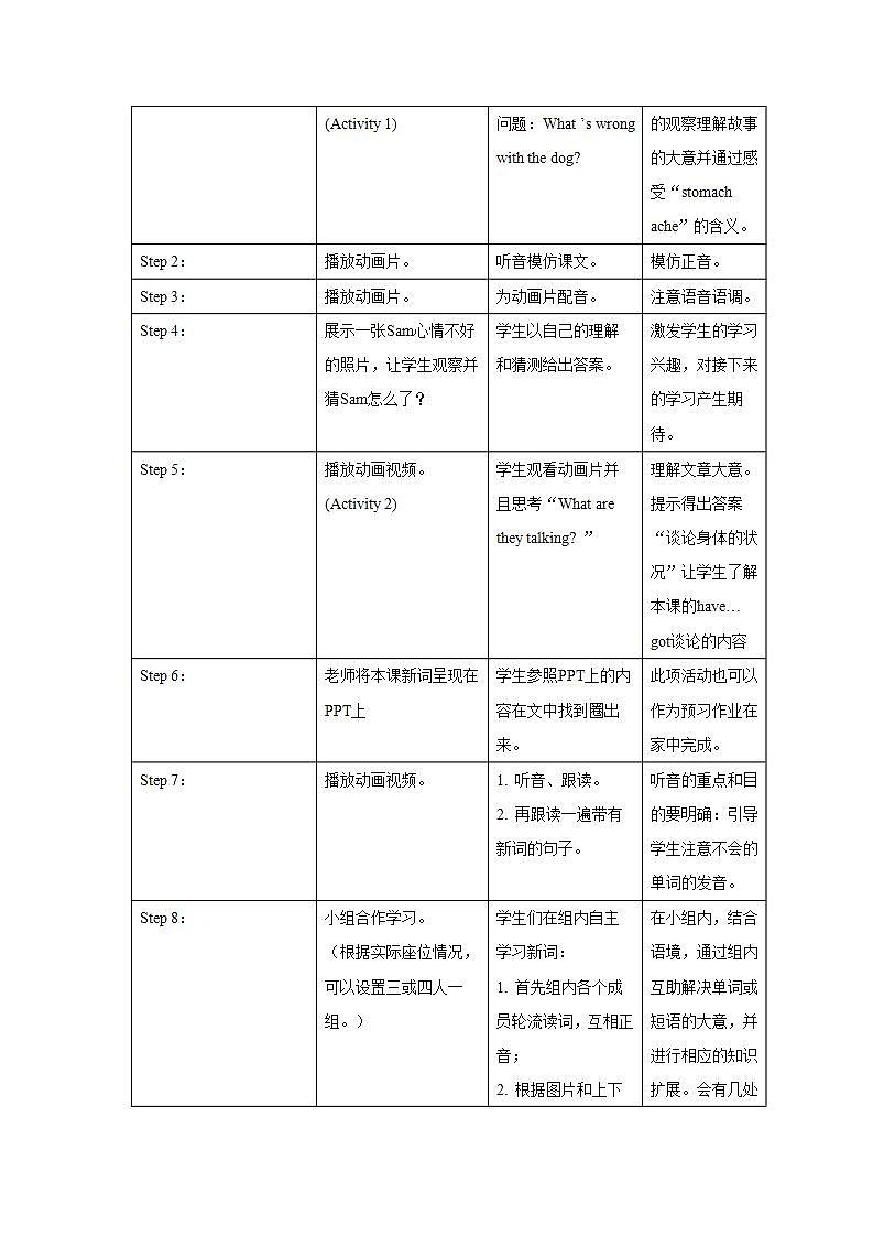 外研版英语（一年级起点）三年级上册 Module 7 表格式教学设计第2页